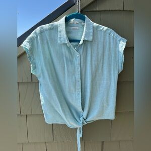 Light Blue Green Seafoam Washable Linen Button-Up Top S